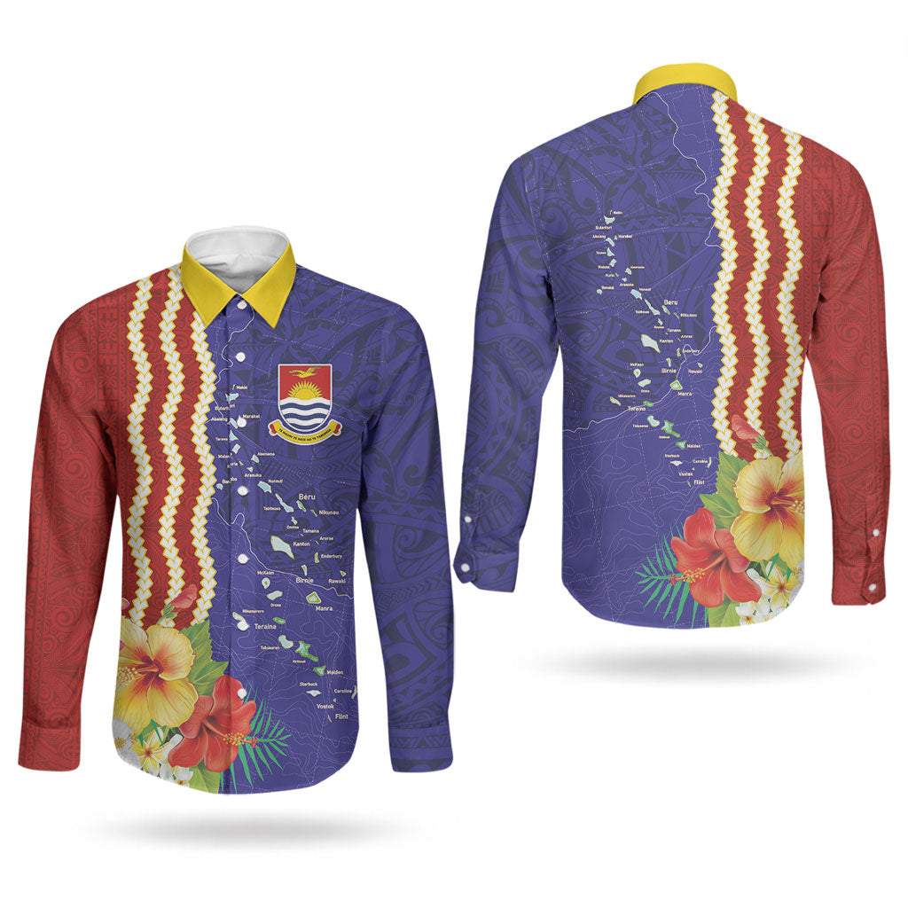 Kiribati Heritage Couples Matching Short Sleeve Bodycon Dress and Long Sleeve Button Shirt Map of the Islands and Polynesia Pattern