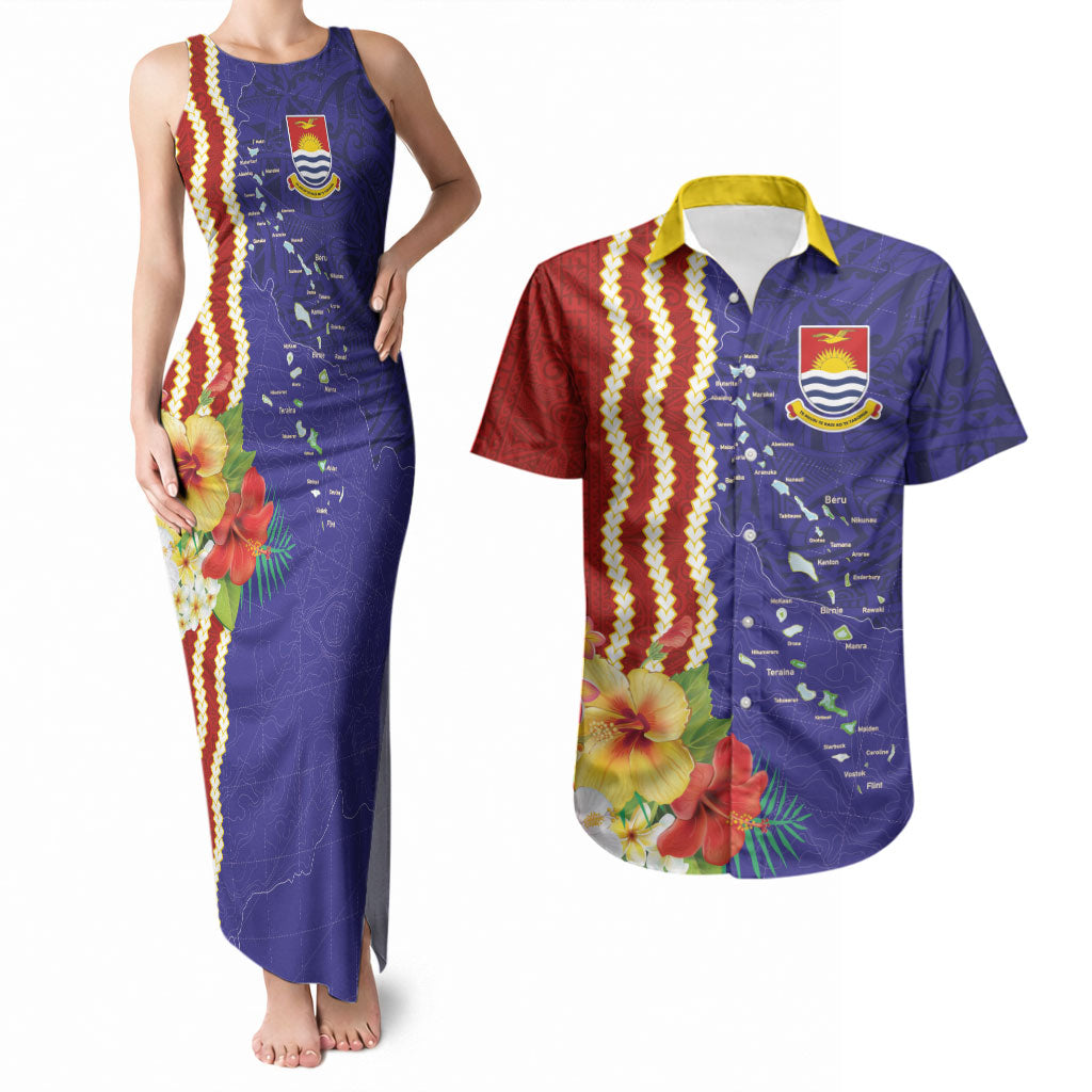 Kiribati Heritage Couples Matching Tank Maxi Dress and Hawaiian Shirt Map of the Islands and Polynesia Pattern