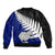 Aotearoa New Zealand Bomber Jacket Silver Fern Kiwi Bird and NZ Map with Maori Tribal Blue Style LT03 - Polynesian Pride