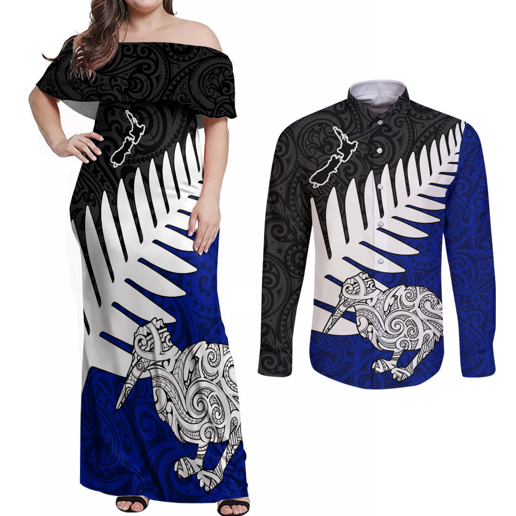 Aotearoa New Zealand Couples Matching Off Shoulder Maxi Dress and Long Sleeve Button Shirts Silver Fern Kiwi Bird and NZ Map with Maori Tribal Blue Style LT03 Blue - Polynesian Pride