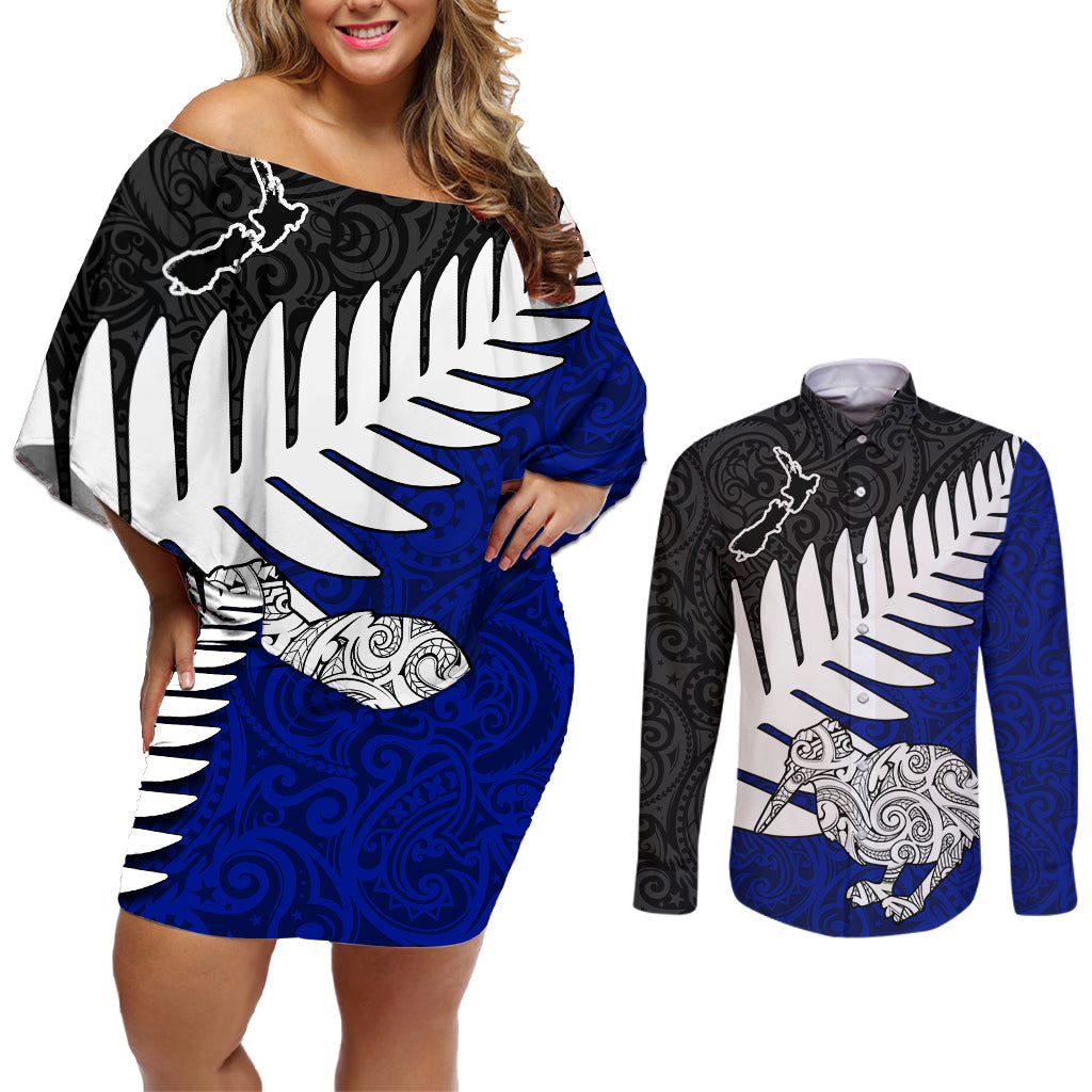 Aotearoa New Zealand Couples Matching Off Shoulder Short Dress and Long Sleeve Button Shirts Silver Fern Kiwi Bird and NZ Map with Maori Tribal Blue Style LT03 Blue - Polynesian Pride