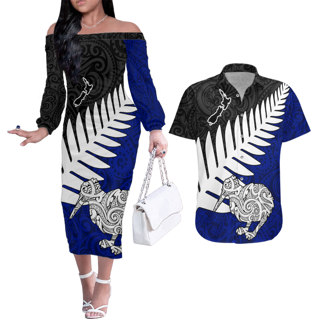 Aotearoa New Zealand Couples Matching Off The Shoulder Long Sleeve Dress and Hawaiian Shirt Silver Fern Kiwi Bird and NZ Map with Maori Tribal Blue Style LT03 Blue - Polynesian Pride