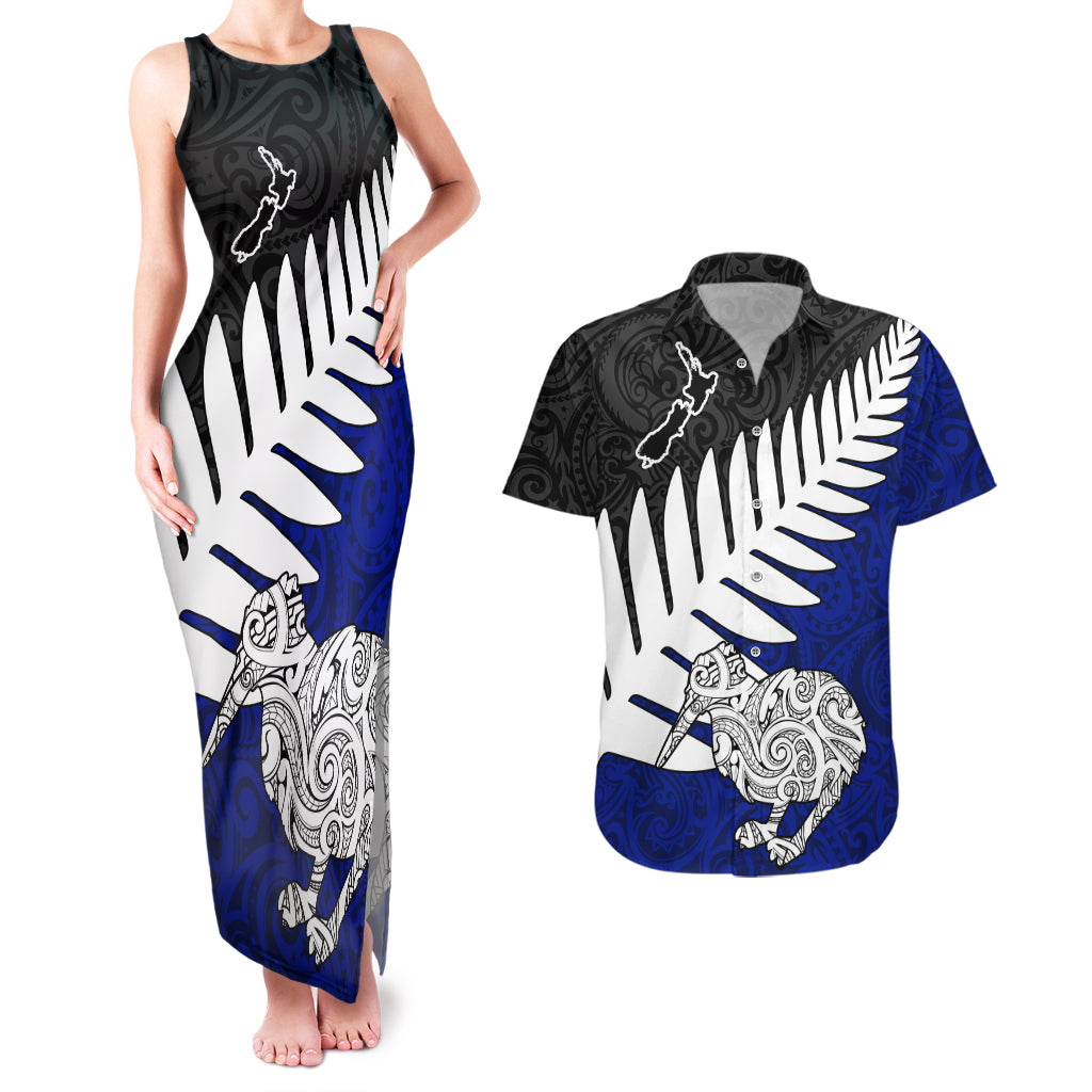 Aotearoa New Zealand Couples Matching Tank Maxi Dress and Hawaiian Shirt Silver Fern Kiwi Bird and NZ Map with Maori Tribal Blue Style LT03 Blue - Polynesian Pride