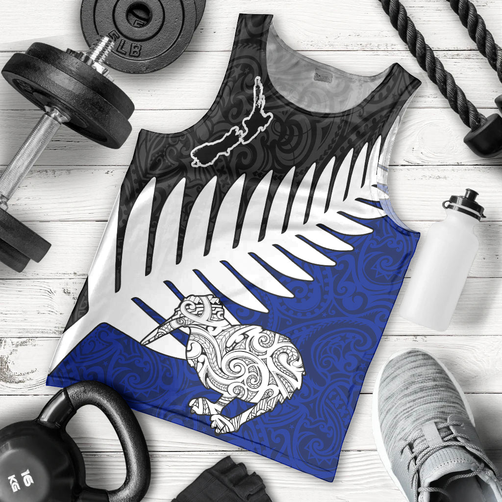 Aotearoa New Zealand Men Tank Top Silver Fern Kiwi Bird and NZ Map with Maori Tribal Blue Style LT03 Blue - Polynesian Pride