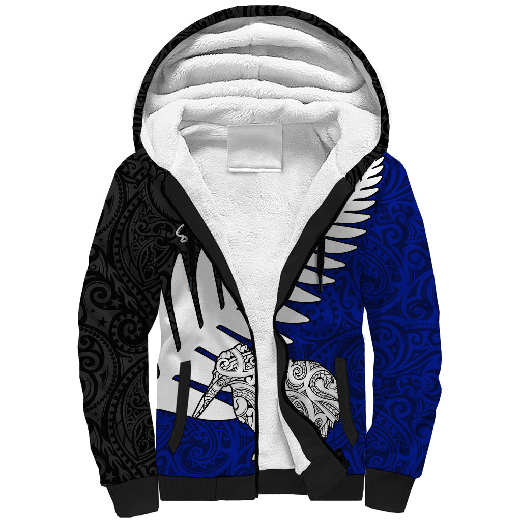 Aotearoa New Zealand Sherpa Hoodie Silver Fern Kiwi Bird and NZ Map with Maori Tribal Blue Style LT03 Unisex Blue - Polynesian Pride