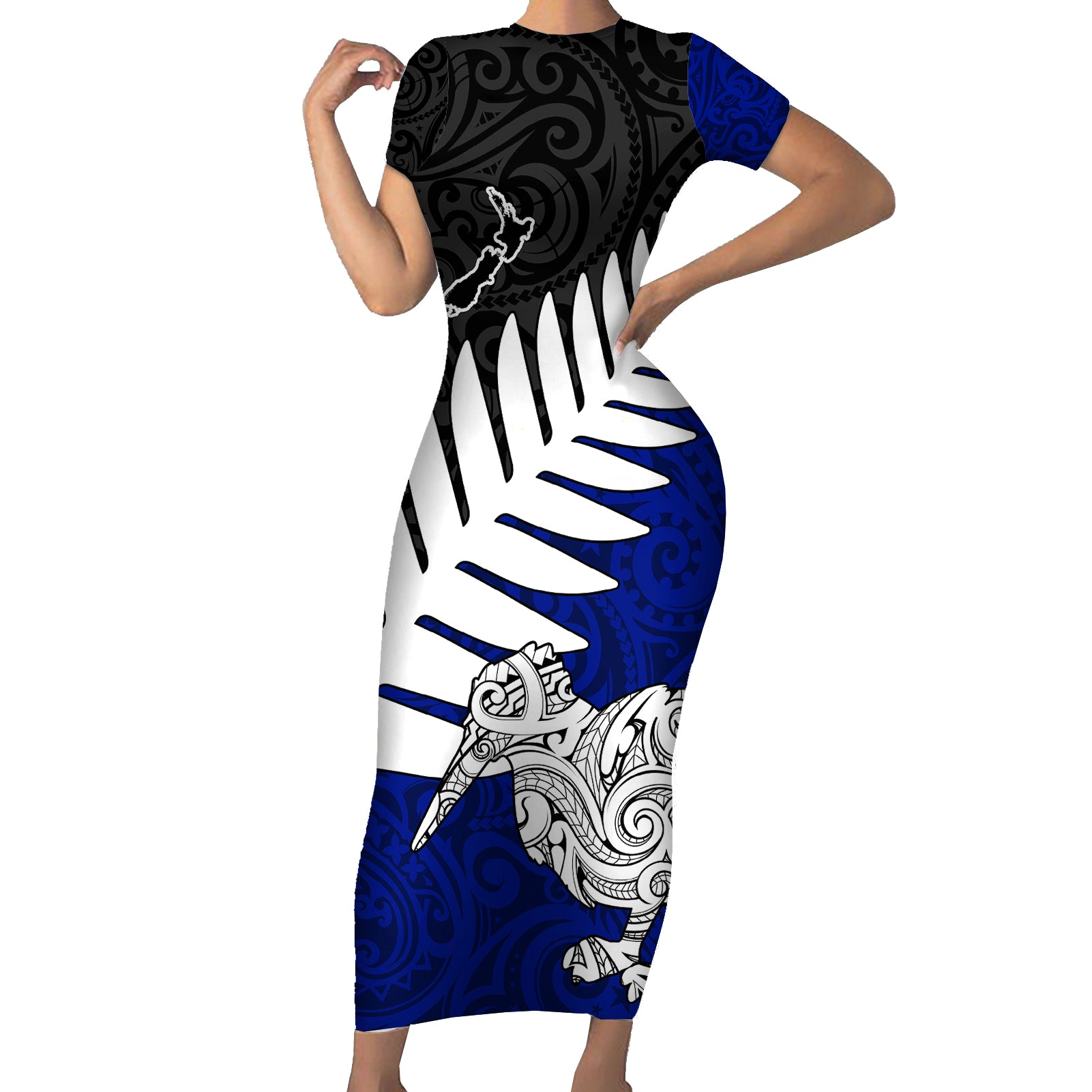 Aotearoa New Zealand Short Sleeve Bodycon Dress Silver Fern Kiwi Bird and NZ Map with Maori Tribal Blue Style LT03 Long Dress Blue - Polynesian Pride