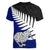 Aotearoa New Zealand Women V Neck T Shirt Silver Fern Kiwi Bird and NZ Map with Maori Tribal Blue Style LT03 - Polynesian Pride