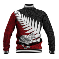 Aotearoa New Zealand Baseball Jacket Silver Fern Kiwi Bird and NZ Map with Maori Tribal Red Style LT03 - Polynesian Pride
