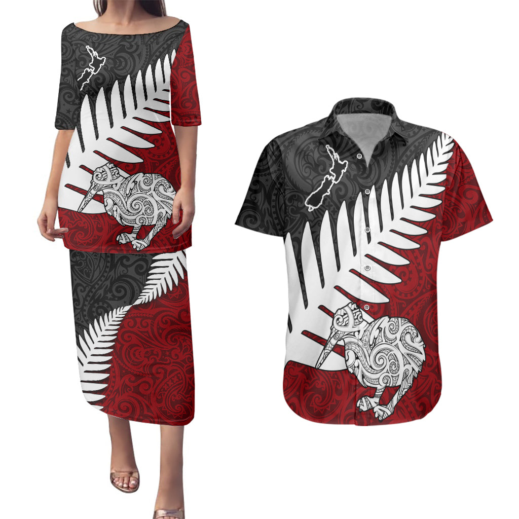 Aotearoa New Zealand Couples Matching Puletasi Dress and Hawaiian Shirt Silver Fern Kiwi Bird and NZ Map with Maori Tribal Red Style LT03 Pink - Polynesian Pride