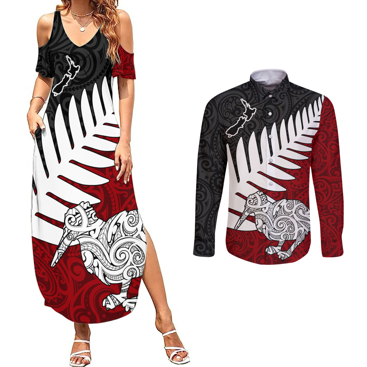 Aotearoa New Zealand Couples Matching Summer Maxi Dress and Long Sleeve Button Shirts Silver Fern Kiwi Bird and NZ Map with Maori Tribal Red Style LT03 Pink - Polynesian Pride