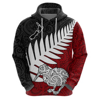Aotearoa New Zealand Hoodie Silver Fern Kiwi Bird and NZ Map with Maori Tribal Red Style LT03 - Polynesian Pride