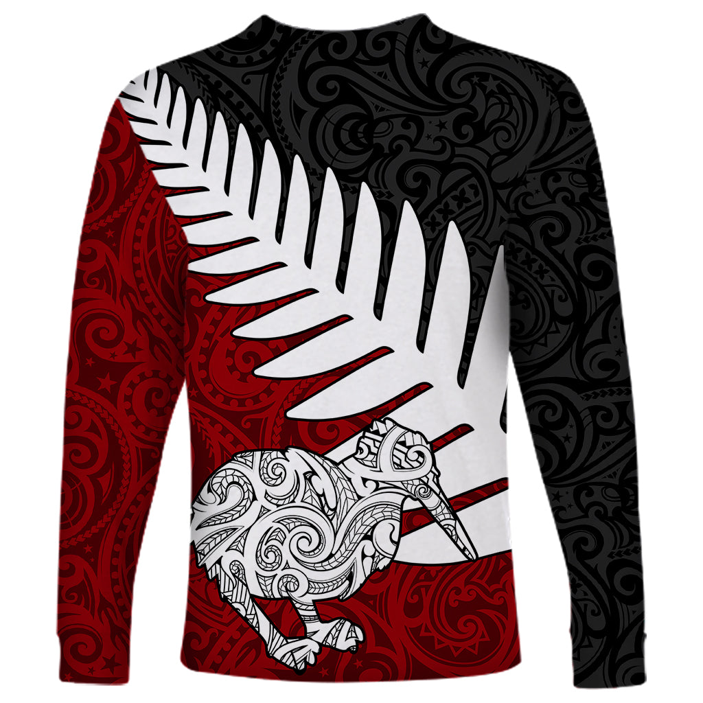 Aotearoa New Zealand Long Sleeve Shirt Silver Fern Kiwi Bird and NZ Map with Maori Tribal Red Style LT03 - Polynesian Pride