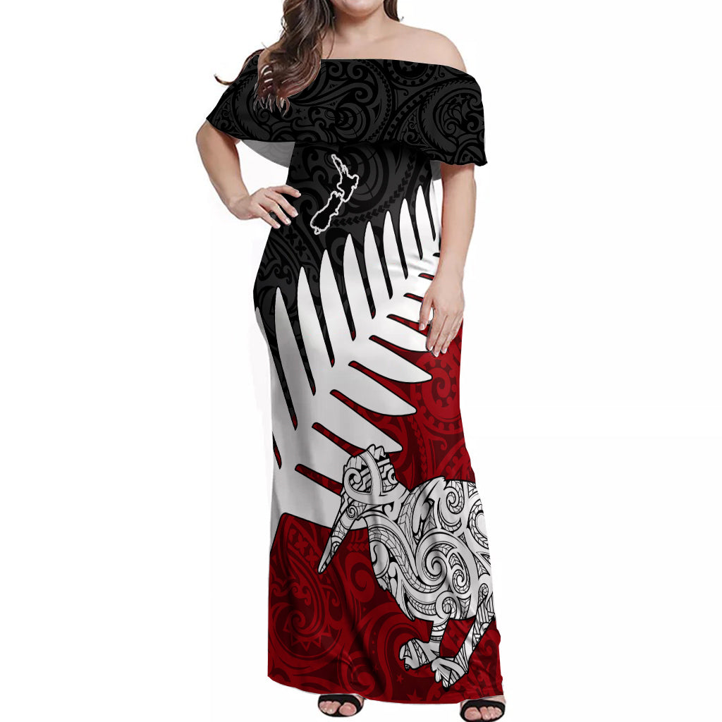 Aotearoa New Zealand Off Shoulder Maxi Dress Silver Fern Kiwi Bird and NZ Map with Maori Tribal Red Style LT03 Women Pink - Polynesian Pride