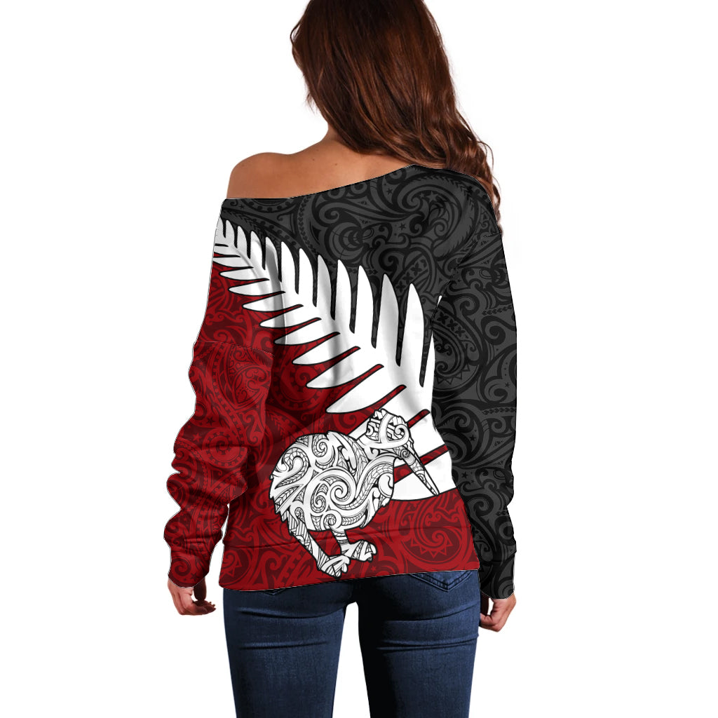 Aotearoa New Zealand Off Shoulder Sweater Silver Fern Kiwi Bird and NZ Map with Maori Tribal Red Style LT03 - Polynesian Pride