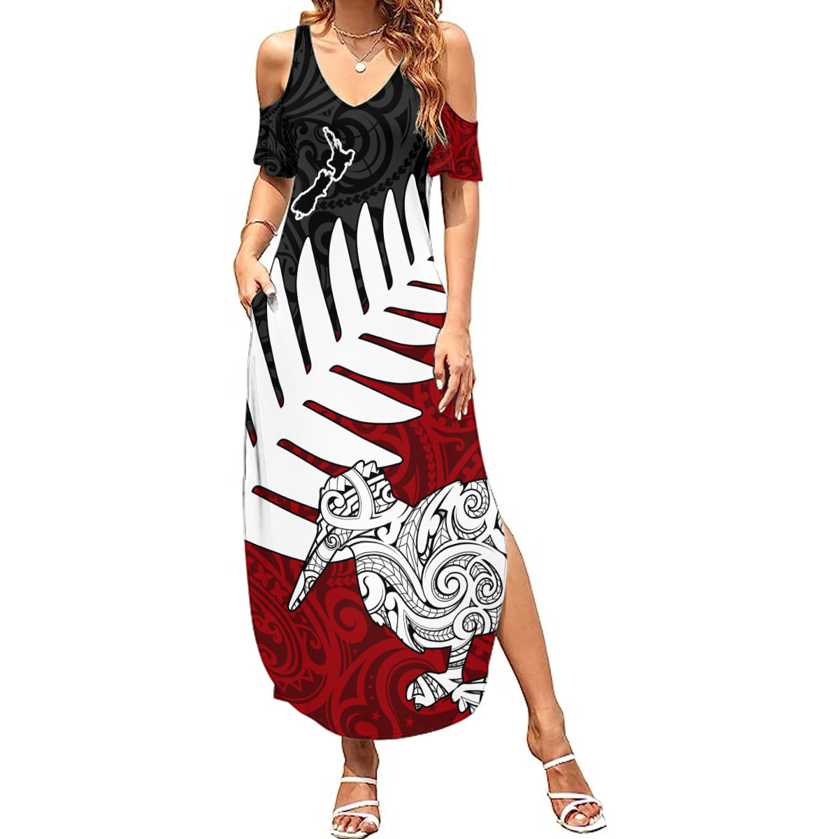 Aotearoa New Zealand Summer Maxi Dress Silver Fern Kiwi Bird and NZ Map with Maori Tribal Red Style LT03 Women Pink - Polynesian Pride