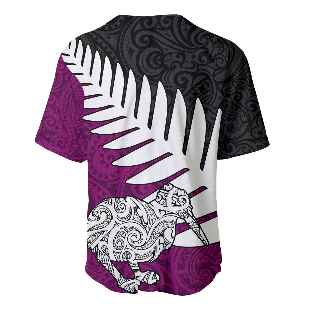 Aotearoa New Zealand Baseball Jersey Silver Fern Kiwi Bird and NZ Map with Maori Tribal Pink Style LT03 - Polynesian Pride