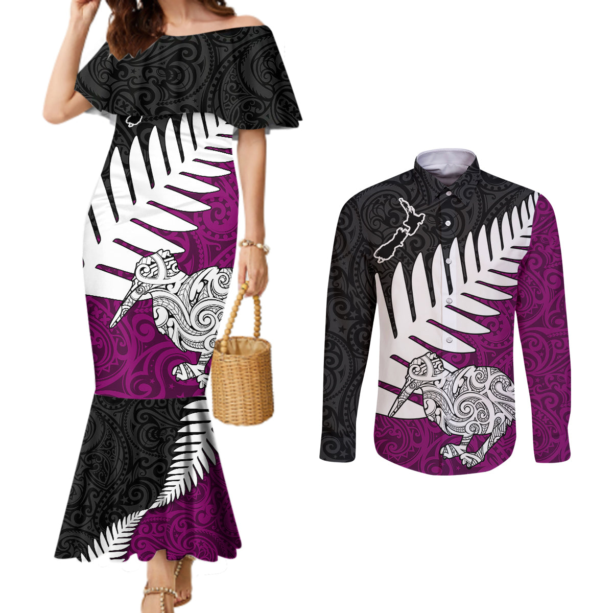 Aotearoa New Zealand Couples Matching Mermaid Dress and Long Sleeve Button Shirts Silver Fern Kiwi Bird and NZ Map with Maori Tribal Pink Style LT03 Red - Polynesian Pride