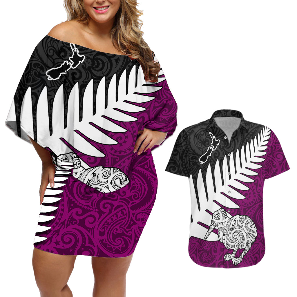 Aotearoa New Zealand Couples Matching Off Shoulder Short Dress and Hawaiian Shirt Silver Fern Kiwi Bird and NZ Map with Maori Tribal Pink Style LT03 Red - Polynesian Pride