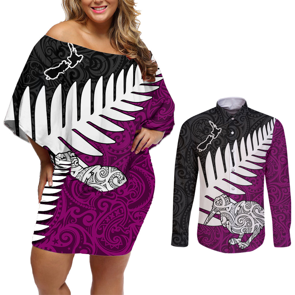 Aotearoa New Zealand Couples Matching Off Shoulder Short Dress and Long Sleeve Button Shirts Silver Fern Kiwi Bird and NZ Map with Maori Tribal Pink Style LT03 Red - Polynesian Pride