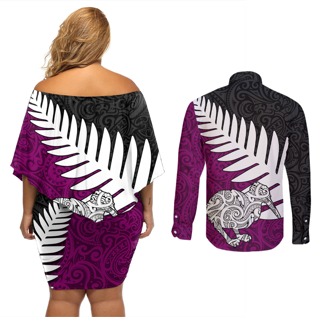Aotearoa New Zealand Couples Matching Off Shoulder Short Dress and Long Sleeve Button Shirts Silver Fern Kiwi Bird and NZ Map with Maori Tribal Pink Style LT03 - Polynesian Pride