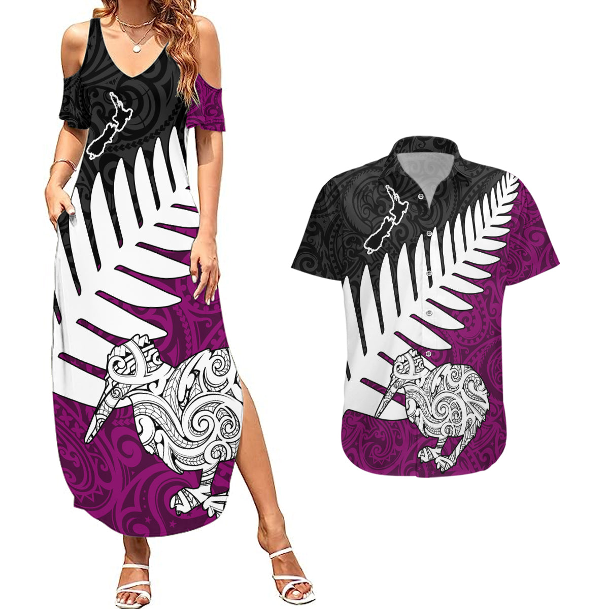 Aotearoa New Zealand Couples Matching Summer Maxi Dress and Hawaiian Shirt Silver Fern Kiwi Bird and NZ Map with Maori Tribal Pink Style LT03 Red - Polynesian Pride