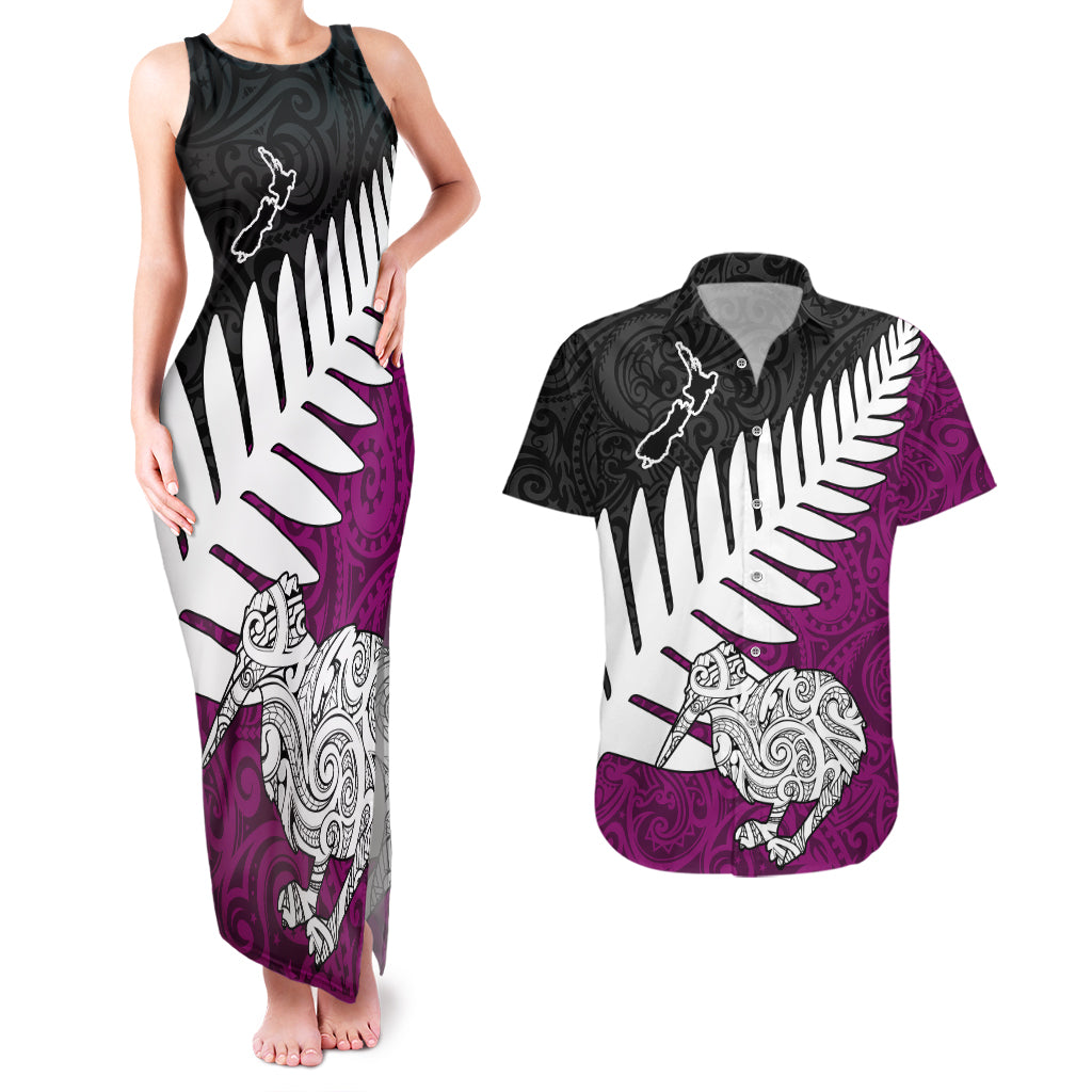 Aotearoa New Zealand Couples Matching Tank Maxi Dress and Hawaiian Shirt Silver Fern Kiwi Bird and NZ Map with Maori Tribal Pink Style LT03 Red - Polynesian Pride