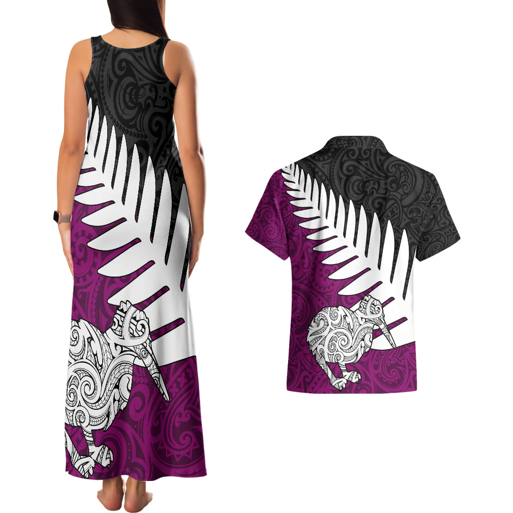 Aotearoa New Zealand Couples Matching Tank Maxi Dress and Hawaiian Shirt Silver Fern Kiwi Bird and NZ Map with Maori Tribal Pink Style LT03 - Polynesian Pride