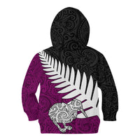 Aotearoa New Zealand Kid Hoodie Silver Fern Kiwi Bird and NZ Map with Maori Tribal Pink Style LT03 - Polynesian Pride