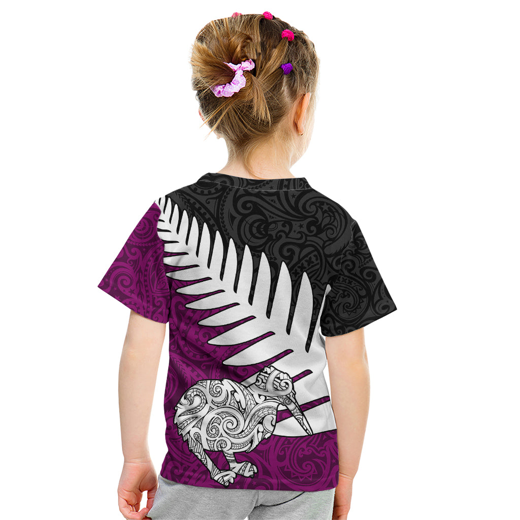 Aotearoa New Zealand Kid T Shirt Silver Fern Kiwi Bird and NZ Map with Maori Tribal Pink Style LT03 - Polynesian Pride