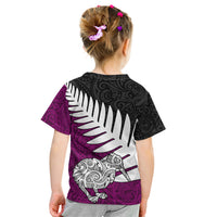 Aotearoa New Zealand Kid T Shirt Silver Fern Kiwi Bird and NZ Map with Maori Tribal Pink Style LT03 - Polynesian Pride