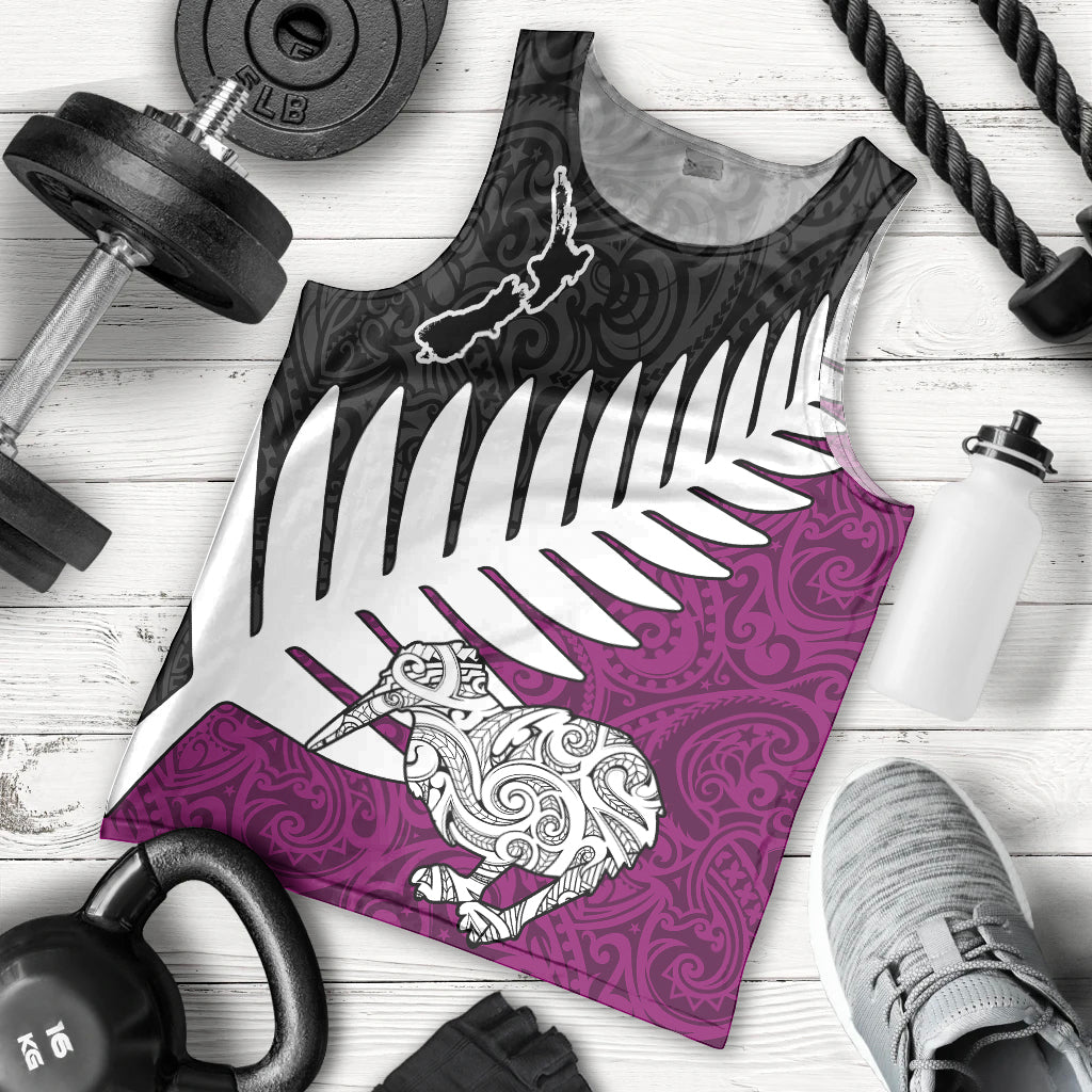 Aotearoa New Zealand Men Tank Top Silver Fern Kiwi Bird and NZ Map with Maori Tribal Pink Style LT03 Red - Polynesian Pride