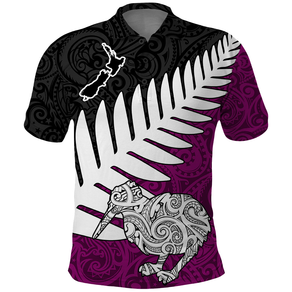 Aotearoa New Zealand Polo Shirt Silver Fern Kiwi Bird and NZ Map with Maori Tribal Pink Style LT03 Red - Polynesian Pride