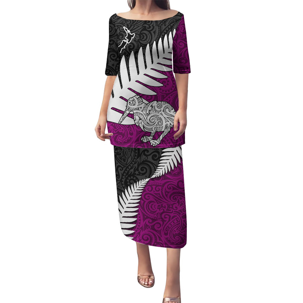 Aotearoa New Zealand Puletasi Silver Fern Kiwi Bird and NZ Map with Maori Tribal Pink Style LT03 Long Dress Red - Polynesian Pride