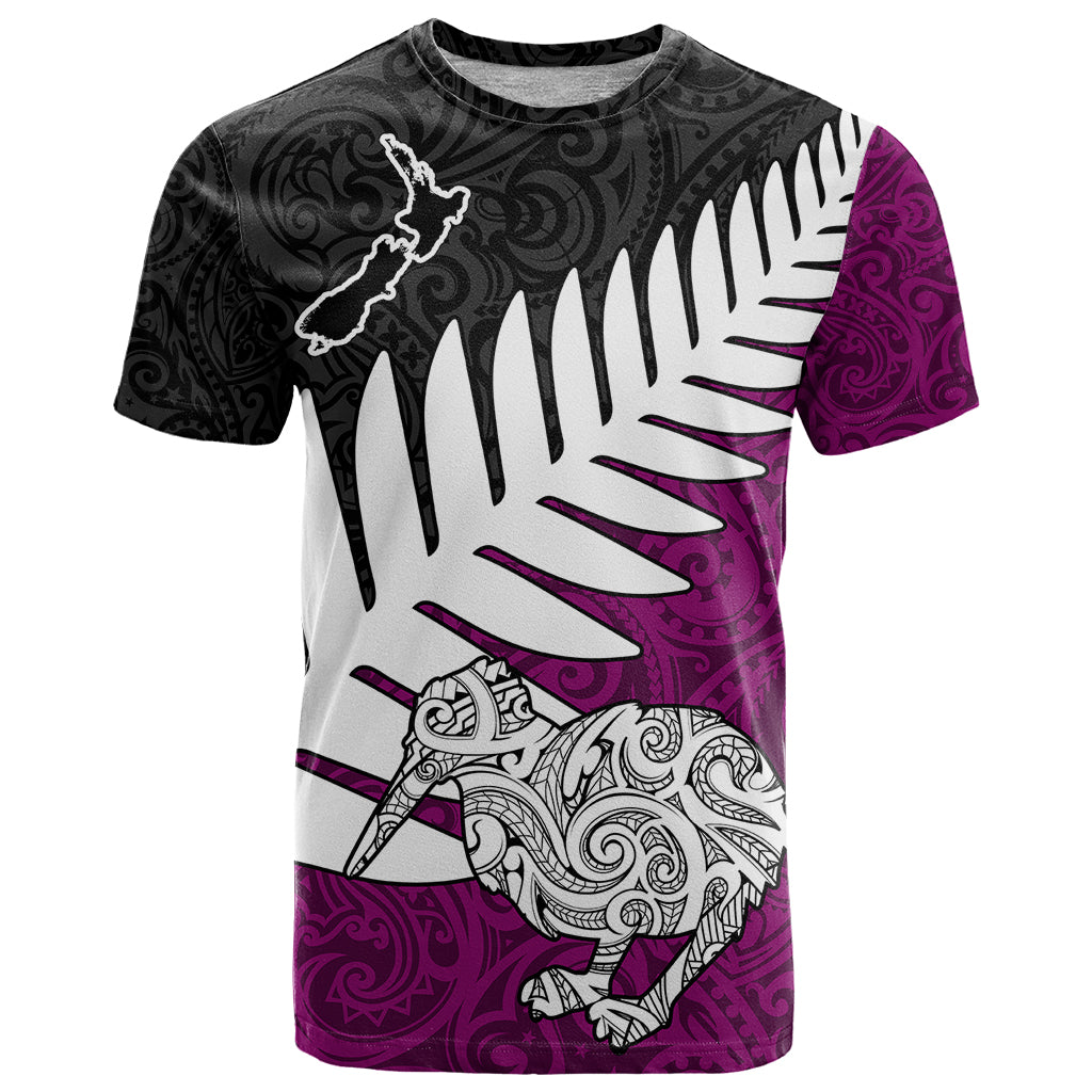 Aotearoa New Zealand T Shirt Silver Fern Kiwi Bird and NZ Map with Maori Tribal Pink Style LT03 Red - Polynesian Pride