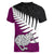 Aotearoa New Zealand Women V Neck T Shirt Silver Fern Kiwi Bird and NZ Map with Maori Tribal Pink Style LT03 - Polynesian Pride