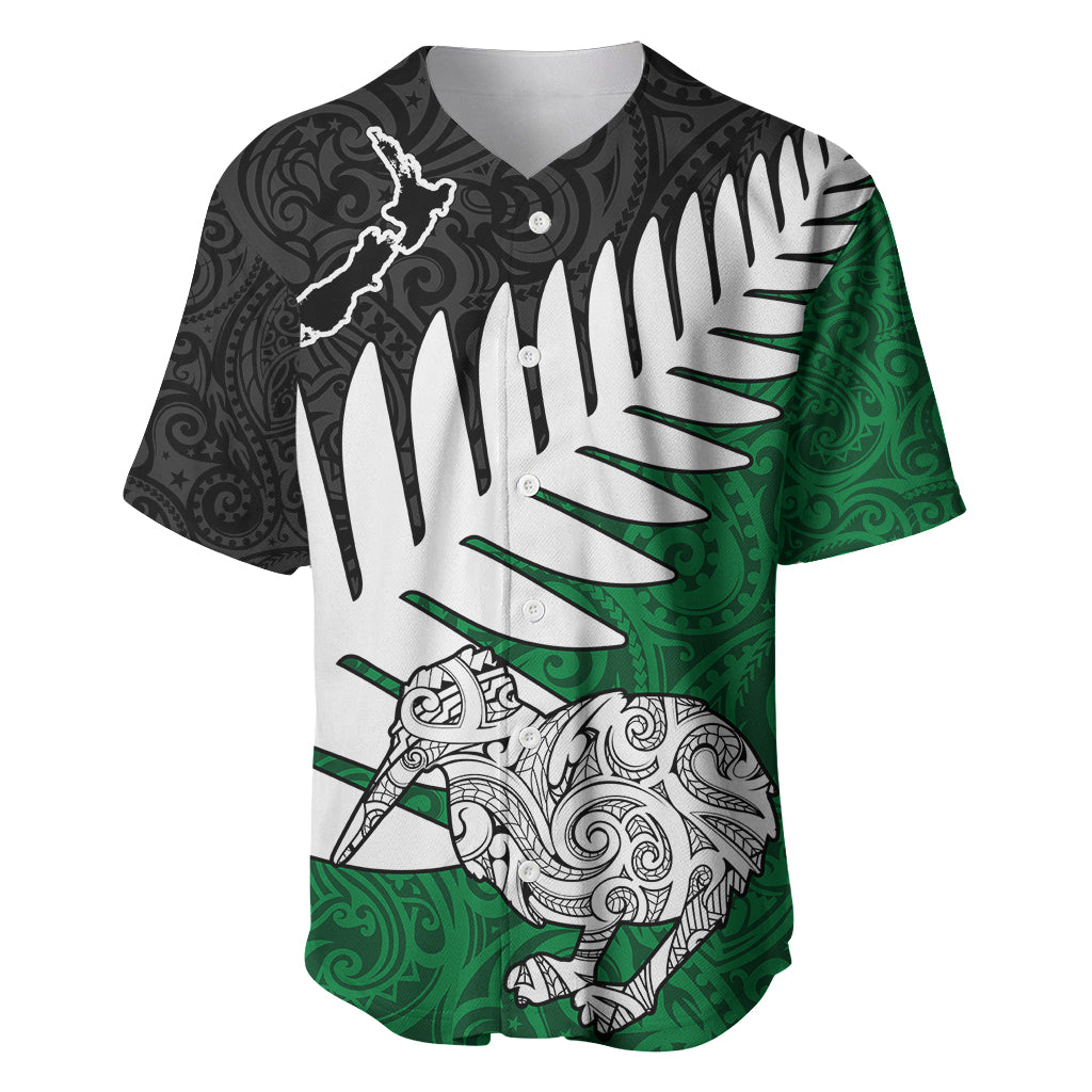 Aotearoa New Zealand Baseball Jersey Silver Fern Kiwi Bird and NZ Map with Maori Tribal Green Style LT03 Green - Polynesian Pride