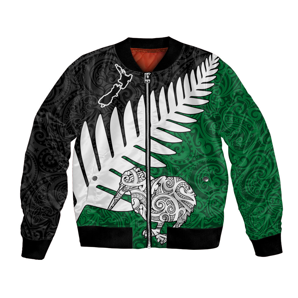 Aotearoa New Zealand Bomber Jacket Silver Fern Kiwi Bird and NZ Map with Maori Tribal Green Style LT03 Unisex Green - Polynesian Pride