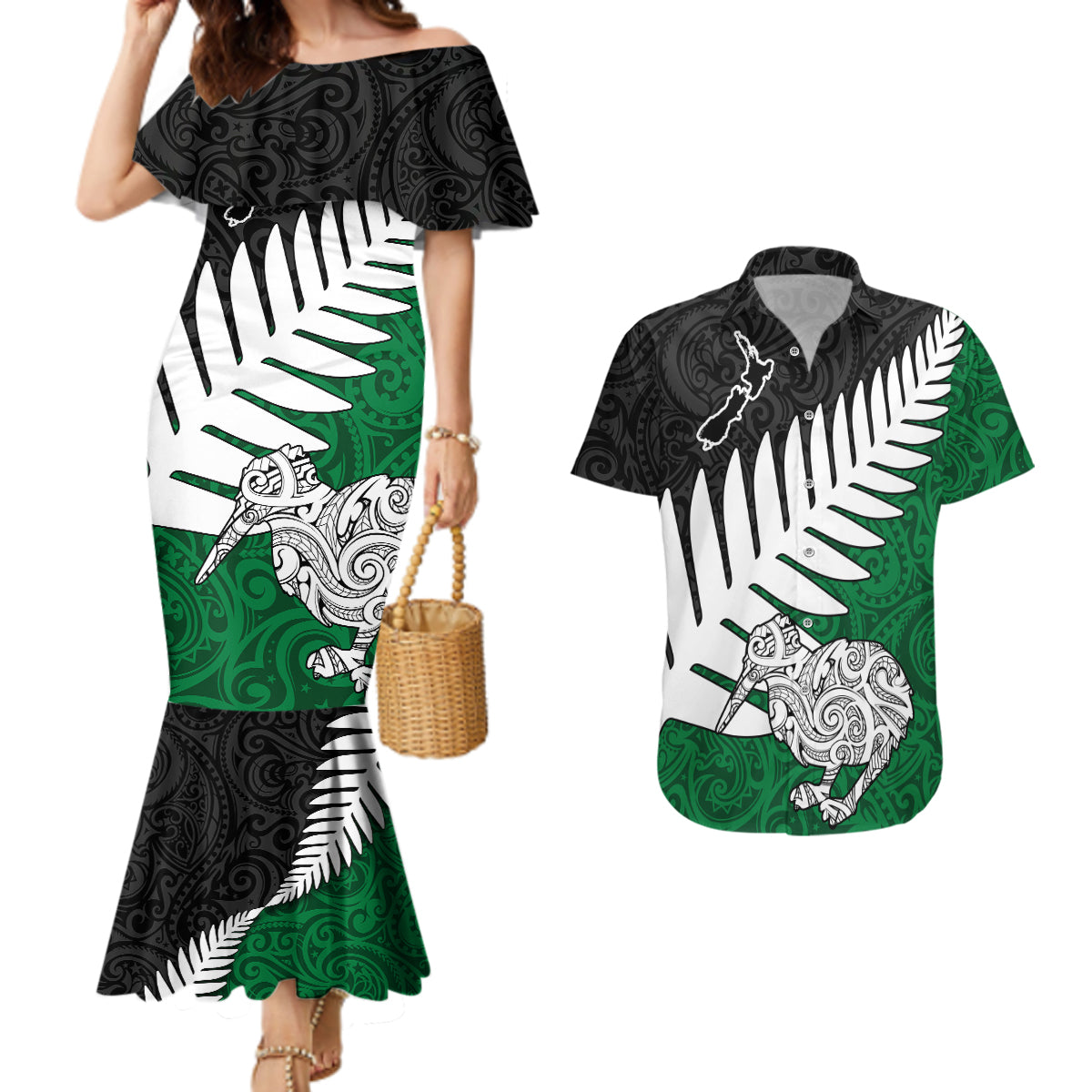 Aotearoa New Zealand Couples Matching Mermaid Dress and Hawaiian Shirt Silver Fern Kiwi Bird and NZ Map with Maori Tribal Green Style LT03 Green - Polynesian Pride