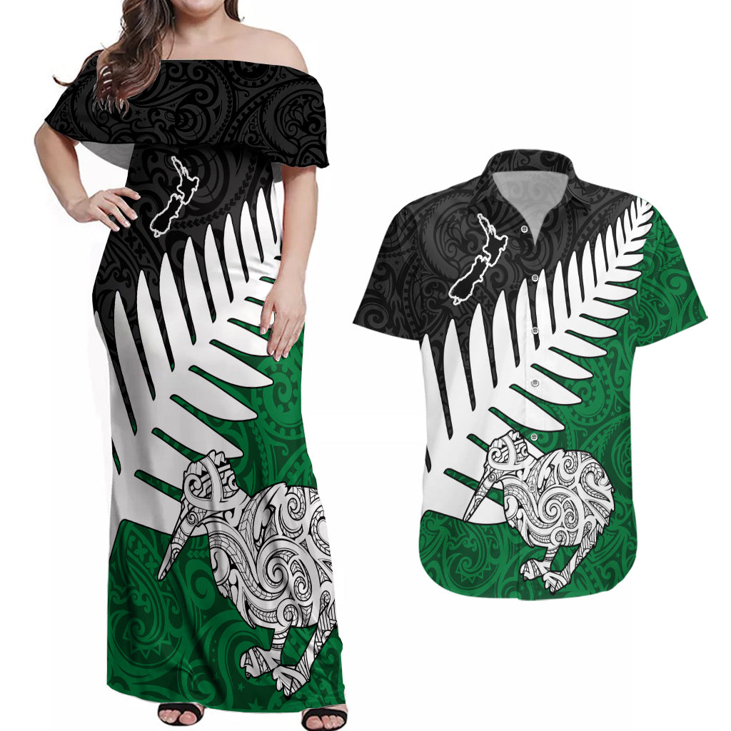 Aotearoa New Zealand Couples Matching Off Shoulder Maxi Dress and Hawaiian Shirt Silver Fern Kiwi Bird and NZ Map with Maori Tribal Green Style LT03 Green - Polynesian Pride