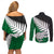 Aotearoa New Zealand Couples Matching Off Shoulder Short Dress and Long Sleeve Button Shirts Silver Fern Kiwi Bird and NZ Map with Maori Tribal Green Style LT03 - Polynesian Pride