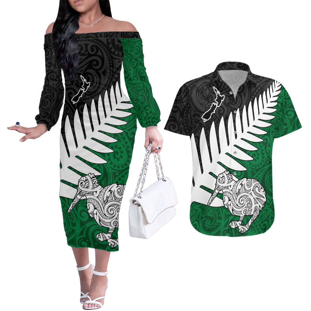 Aotearoa New Zealand Couples Matching Off The Shoulder Long Sleeve Dress and Hawaiian Shirt Silver Fern Kiwi Bird and NZ Map with Maori Tribal Green Style LT03 Green - Polynesian Pride