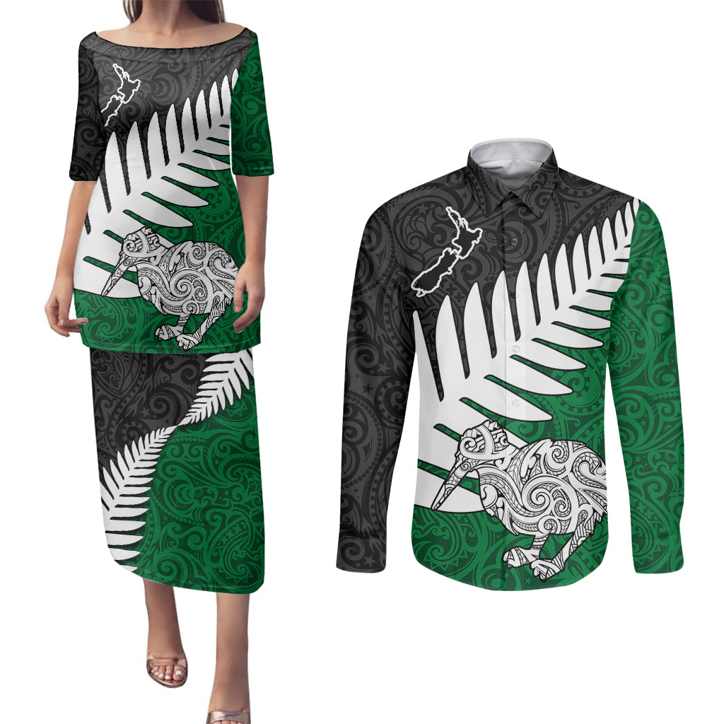 Aotearoa New Zealand Couples Matching Puletasi Dress and Long Sleeve Button Shirts Silver Fern Kiwi Bird and NZ Map with Maori Tribal Green Style LT03 Green - Polynesian Pride