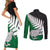 Aotearoa New Zealand Couples Matching Short Sleeve Bodycon Dress and Long Sleeve Button Shirts Silver Fern Kiwi Bird and NZ Map with Maori Tribal Green Style LT03 - Polynesian Pride