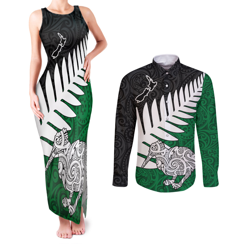 Aotearoa New Zealand Couples Matching Tank Maxi Dress and Long Sleeve Button Shirts Silver Fern Kiwi Bird and NZ Map with Maori Tribal Green Style LT03 Green - Polynesian Pride