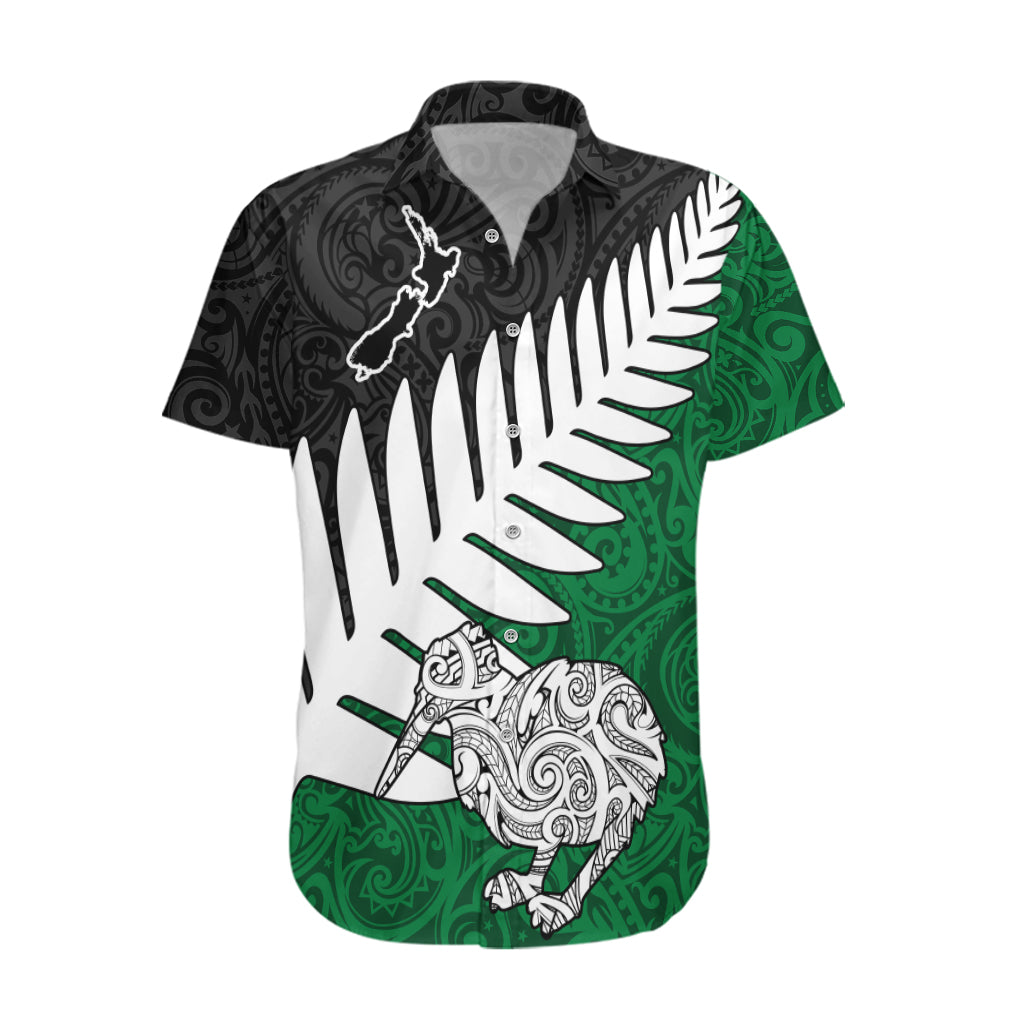 Aotearoa New Zealand Hawaiian Shirt Silver Fern Kiwi Bird and NZ Map with Maori Tribal Green Style LT03 Green - Polynesian Pride