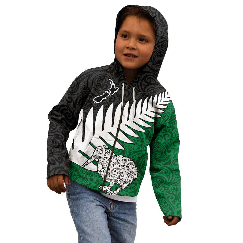 Aotearoa New Zealand Kid Hoodie Silver Fern Kiwi Bird and NZ Map with Maori Tribal Green Style LT03 - Polynesian Pride