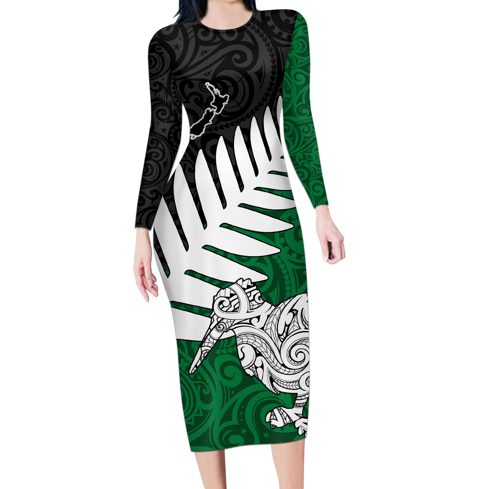 Aotearoa New Zealand Long Sleeve Bodycon Dress Silver Fern Kiwi Bird and NZ Map with Maori Tribal Green Style LT03 Long Dress Green - Polynesian Pride