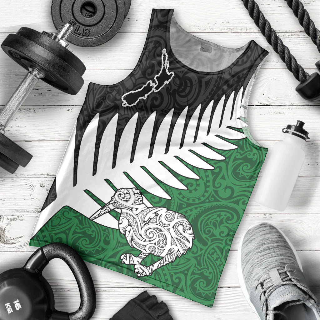 Aotearoa New Zealand Men Tank Top Silver Fern Kiwi Bird and NZ Map with Maori Tribal Green Style LT03 Green - Polynesian Pride