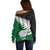 Aotearoa New Zealand Off Shoulder Sweater Silver Fern Kiwi Bird and NZ Map with Maori Tribal Green Style LT03 - Polynesian Pride