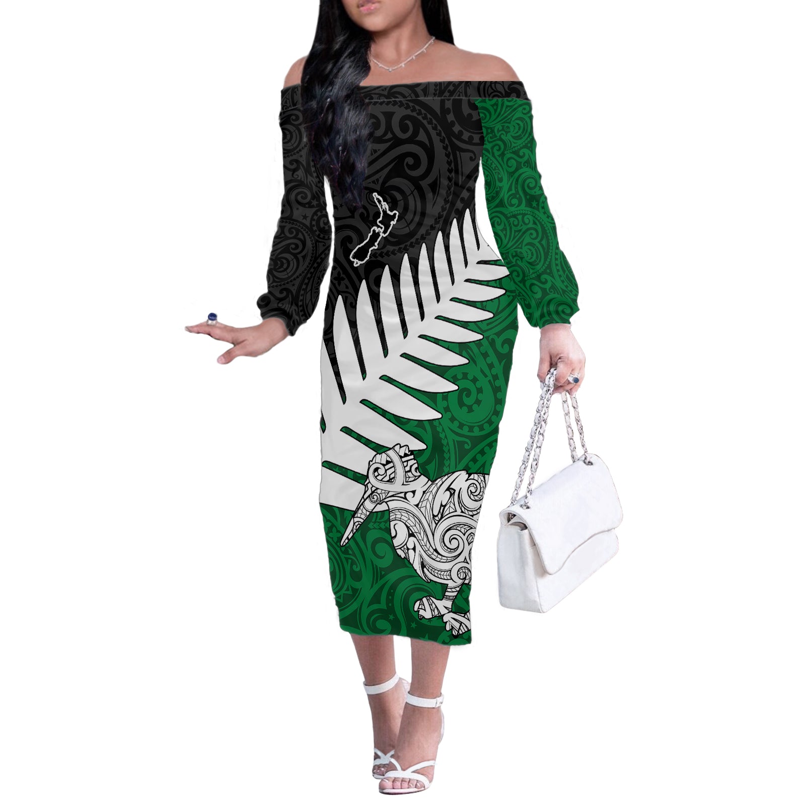 Aotearoa New Zealand Off The Shoulder Long Sleeve Dress Silver Fern Kiwi Bird and NZ Map with Maori Tribal Green Style LT03 Women Green - Polynesian Pride